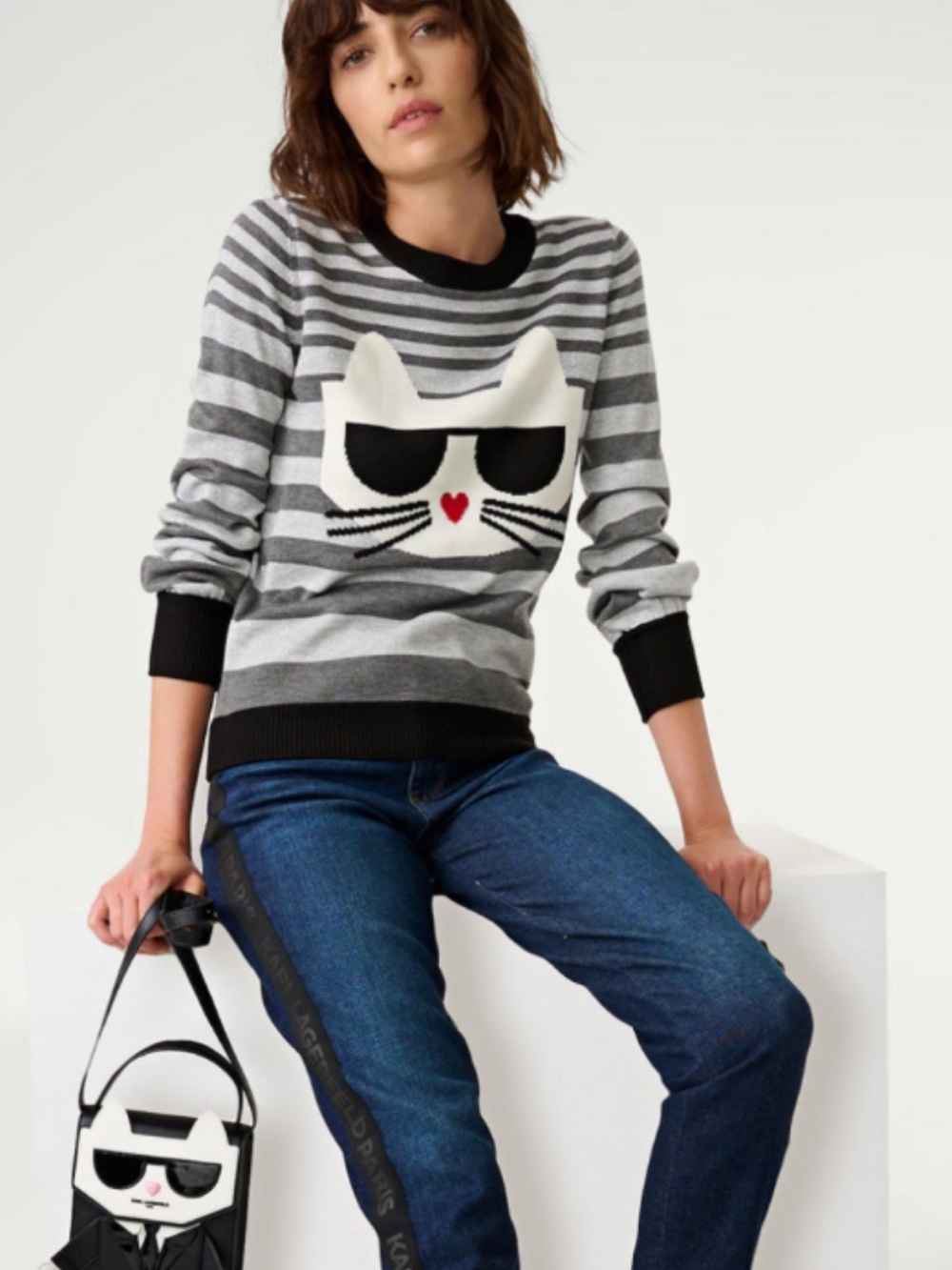 Karl Lagerfeld Gray Striped Cat-Graphic Crewneck Sweater